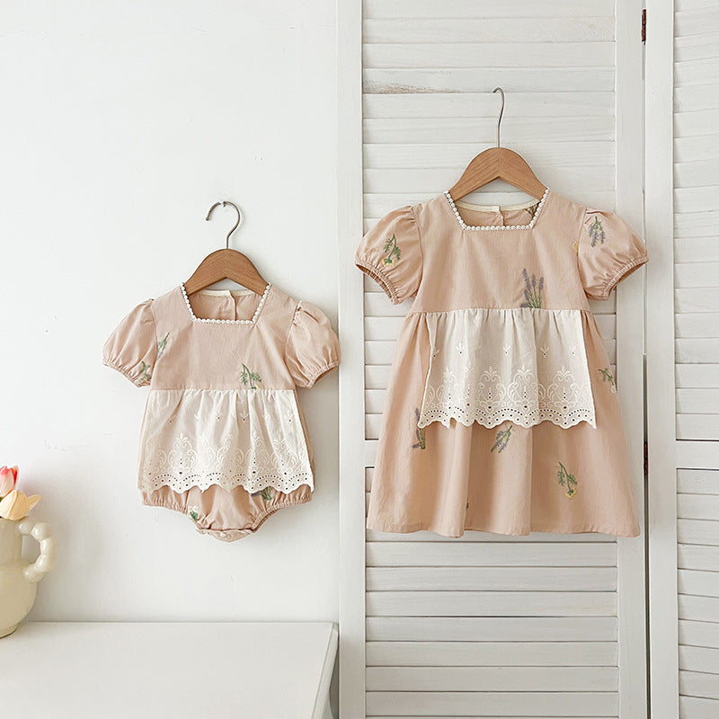 Summer Baby Girls French-style Flowers Embroidery Pattern Short-sleeved Onesies and Dress – Princess Sister Matching-3