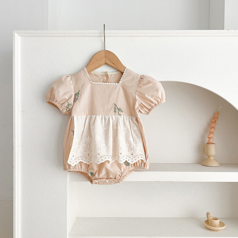 Summer Baby Girls French-style Flowers Embroidery Pattern Short-sleeved Onesies and Dress – Princess Sister Matching-4
