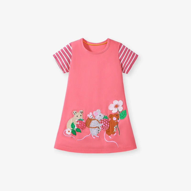 Summer Pure Cotton Animals Cartoon Pattern Short Sleeves Dress for Stylish Girls-0